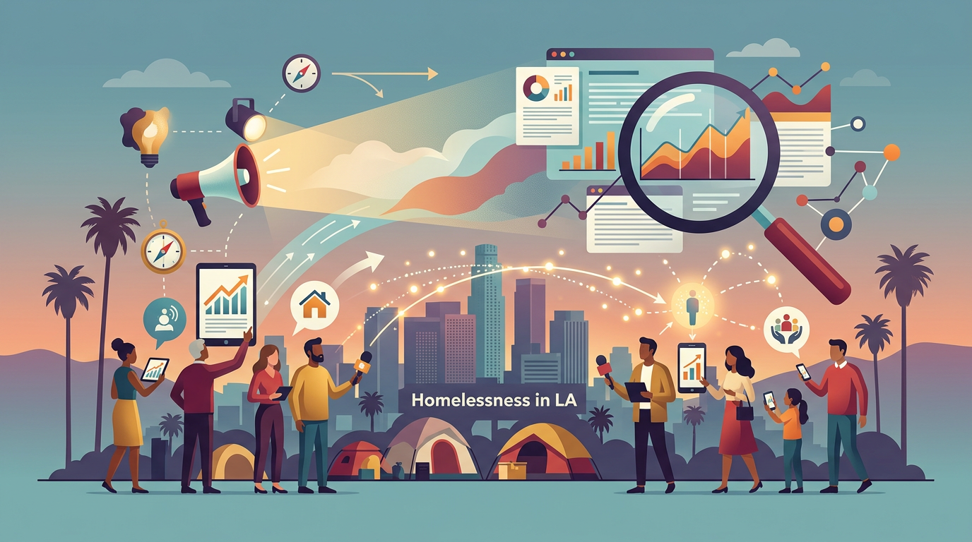 Editorial illustration for article: Public Relations Campaigns of Los Angeles Regarding Homelessness: An In-Depth Analysis