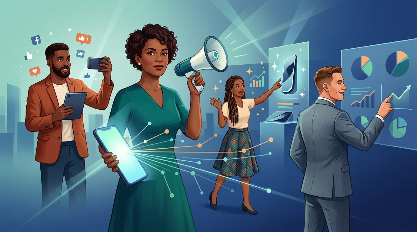 Editorial illustration for article: Leveraging Influencer Marketing for Product Launches: Strategies for Maximum Impact