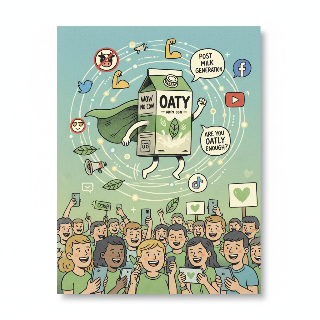 Editorial illustration for article: Oatly’s Digital PR Strategy: How the Plant-Based Brand Took Over the Internet
