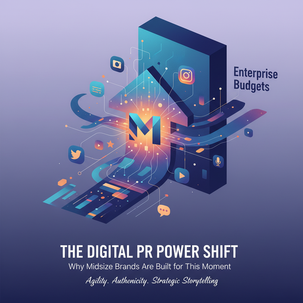 Editorial illustration for article: The Digital PR Power Shift: Why Midsize Brands Are Built for This Moment