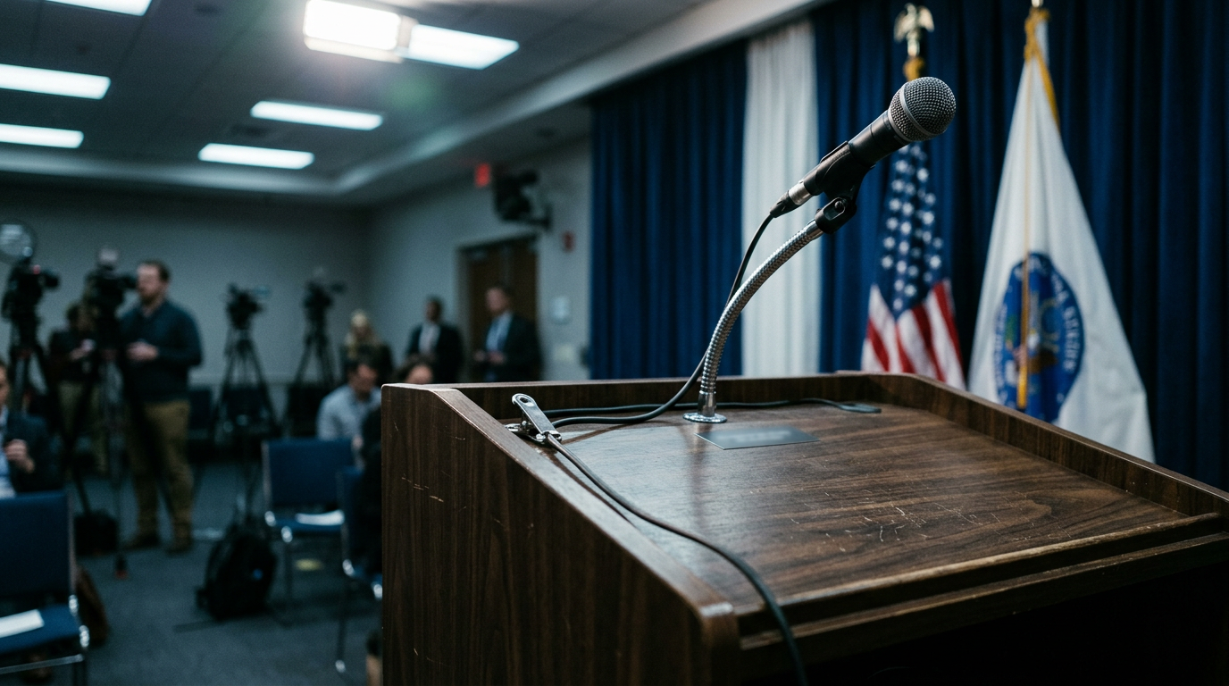 A cinematic, low-angle shot of a heavy, brass-accented wooden podium positioned in front of a series of draped navy blue flags, reminiscent of a sterile government briefing room.