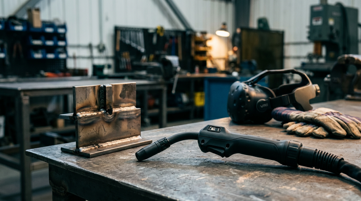 A high-detail, close-up shot of a professional welding simulator setup with a textured metal joint and a precise haptic sensor torch.