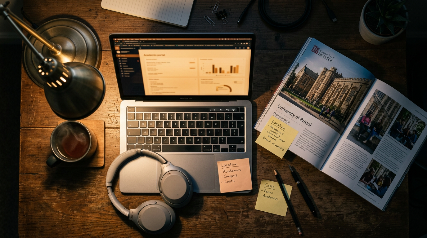 A moody, overhead still life of a wooden desk featuring an open laptop, a pair of modern headphones, a physical college brochure, and several scattered handwritten notes under warm lamplight.