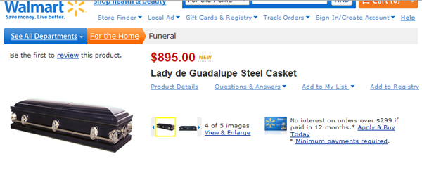 Lady de Guadalupe Steel Casket at Walmart.