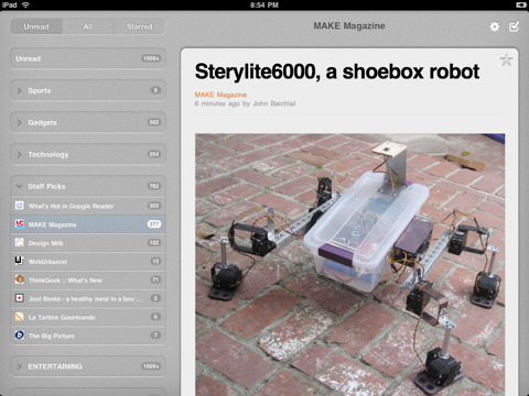 River of News is a RSS reader for the iPad that syncs with your Google Reader account.