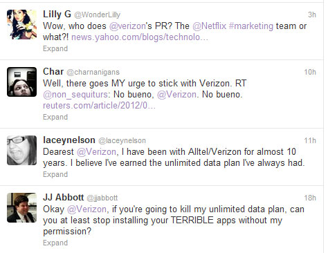 Complaints against Verizon on Twitter