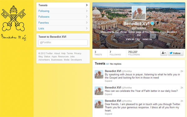 @Pontifex (Pope Benedict XVI) Blesses Followers with First Tweet