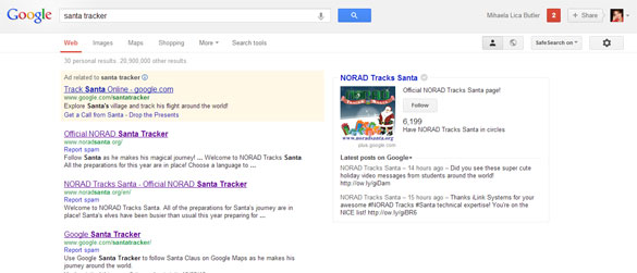 Santa tracker search results.