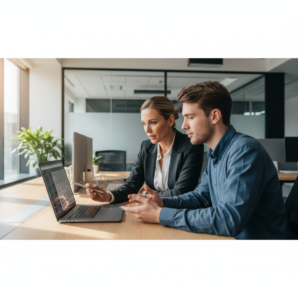 Hiring manager conducting live AI workflow exercise with communications candidate at desk