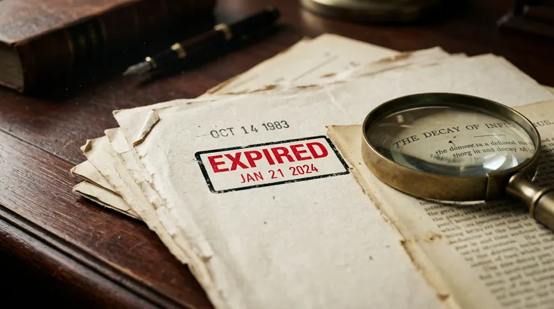A close-up, cinematic shot of a stack of dated physical documents on a dark wooden desk, with the top page showing a vibrant red 'expired' style ink stamp and a magnifying glass resting nearby.