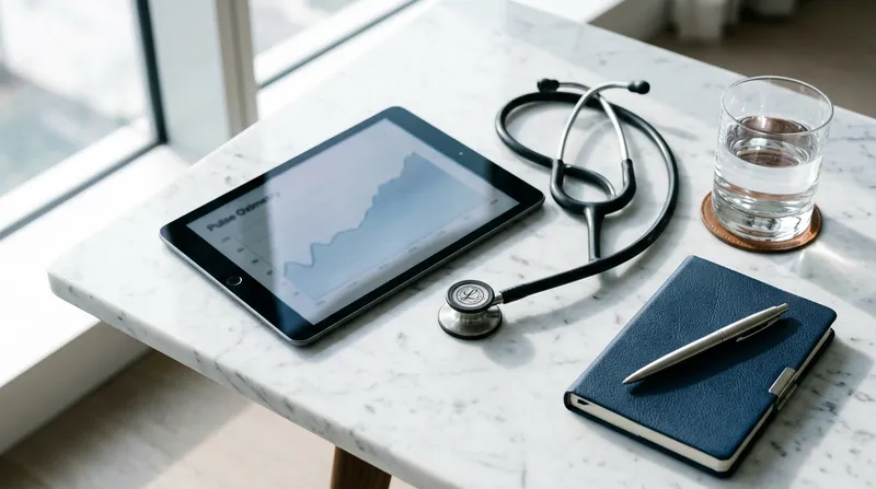 A top-down architectural layout of a minimalist telehealth clinic featuring a sleek tablet displaying a heart rate graph next to a folded white stethoscope on a clean quartz surface.