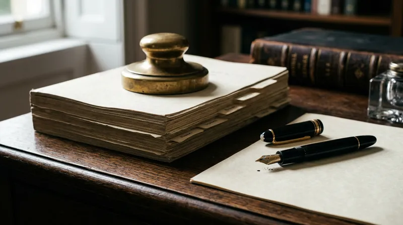 A high-angle tabletop still life of vintage and modern legal artifacts, including a stack of thick legal financial reports, a heavy fountain pen, and a classic brass paperweight on a dark oak desk.