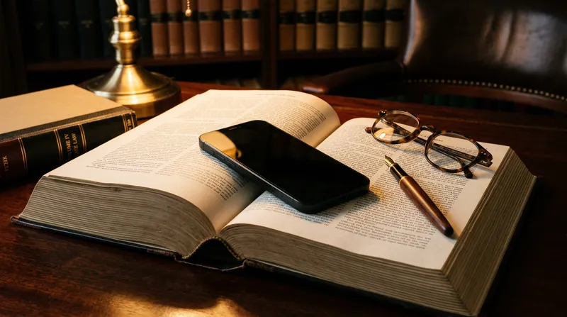 A heavy, leather-bound legal rulebook sits open on a polished mahogany desk next to a modern smartphone and a pair of tortoiseshell glasses in a dimly lit office.