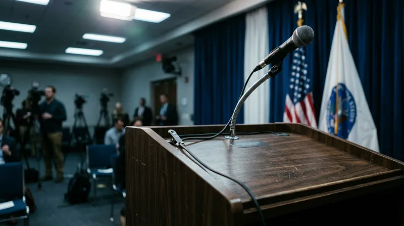 A cinematic, low-angle shot of a heavy, brass-accented wooden podium positioned in front of a series of draped navy blue flags, reminiscent of a sterile government briefing room.
