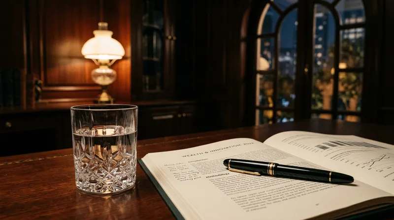 A close-up, low-angle shot of a heavy crystal glass of water and a fountain pen resting on a thick, cream-colored research report on a dark mahogany desk.