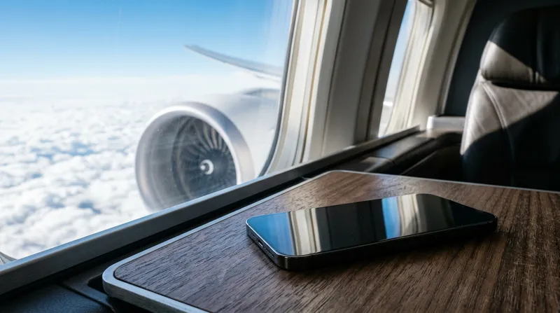 A close-up, cinematic shot of a modern smartphone resting on a polished wooden tray in an airplane cabin, with a blurred view of a jet engine and clouds through the window.