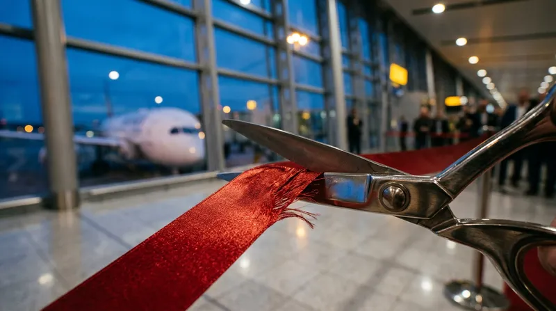 A macro close-up of a vibrant red ceremonial ribbon being cut by sharp silver shears at an airport gate, with the blurred silhouette of a large passenger jet visible through the glass windows.