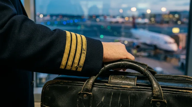 A close-up, low-angle shot of a pilot's uniform jacket sleeve with four gold stripes and a pristine white shirt cuff, resting on a leather suitcase in a quiet airport lounge.