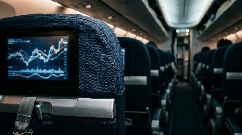 A close-up, shallow-depth-of-field shot of a row of blue airline seatback screens in a dimly lit cabin, with one screen displaying a blurred, abstract flight path chart.