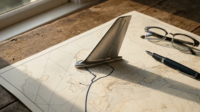 An overhead macro shot of a vintage physical map and a modern airline tail fin prototype resting on a minimalist desk, illuminated by the warm light of a late afternoon sun.