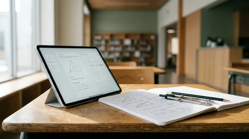 A detailed close-up of a diverse middle school classroom's physical and digital tools, featuring a tablet displaying an educational interface next to an open notebook and a set of architectural drafting tools.