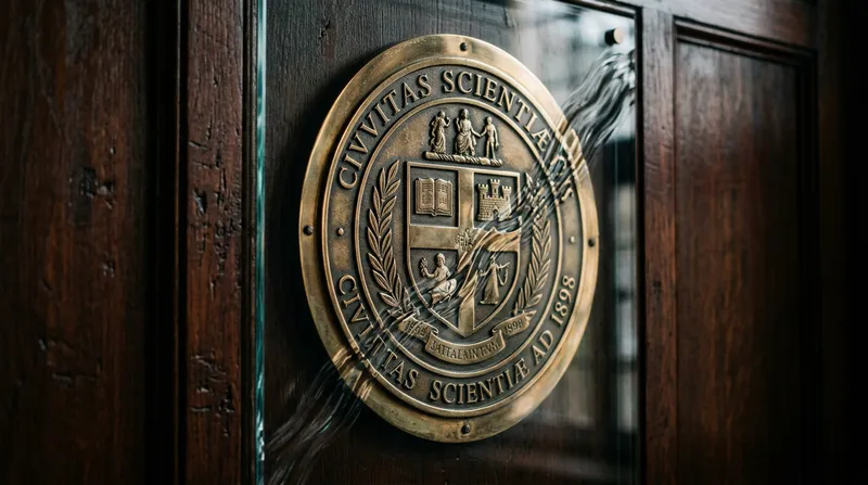 A macro close-up of a high-end metal university seal mounted on a dark wood grain wall, partially obscured by a distorted glass ripple effect.
