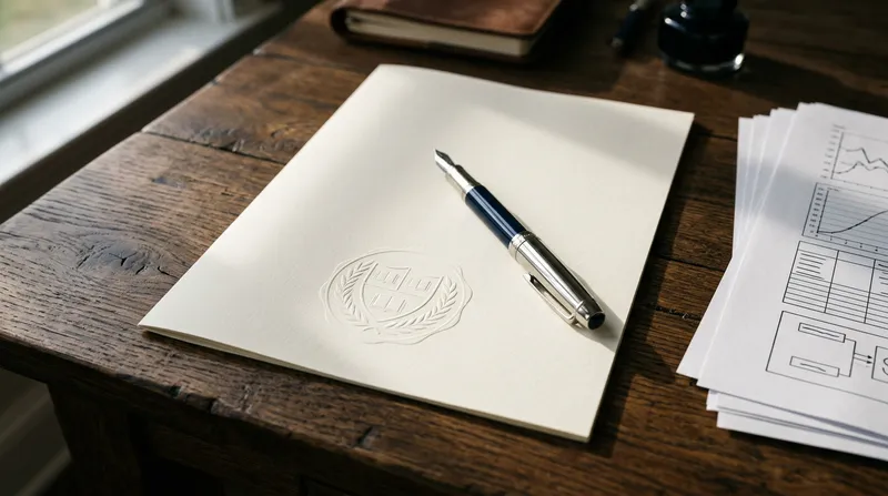 A high-detail, overhead macro shot of an official university seal embossed on heavy archival paper, sitting next to a vintage fountain pen and a stack of data-heavy research documents.