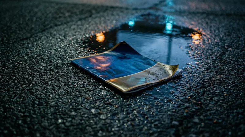 A Close-up, overhead shot of a discarded, glossy college recruitment brochure lying face-down on a rainy asphalt pavement, partially submerged in a puddle reflecting city lights.
