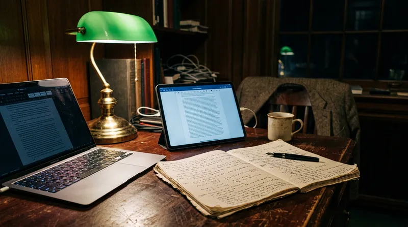 A close-up, high-angle view of a university student's wooden desk with a laptop, an open notebook with handwritten notes, and a digital tablet, illuminated by a warm desk lamp at night.