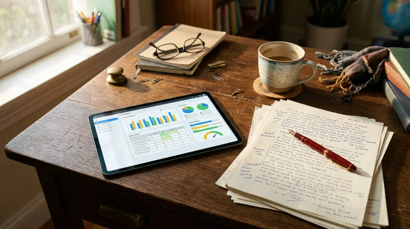 A close-up, top-down view of a teacher's wooden desk featuring a modern tablet displaying a complex grading rubric next to a physical red pen and a scattered stack of student essays.