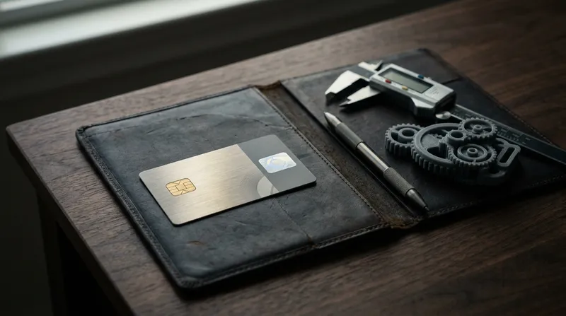 A macro, detailed close-up of a modern professional portfolio on a dark wood table, featuring a physical technical certification card and a variety of specialized tools like a digital caliper and a stylus.