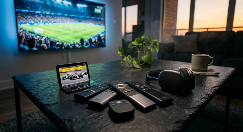 A high-angle close-up of a glass coffee table scattered with various remote controls, a handheld gaming console, a high-end smartphone, and a pair of professional studio headphones.