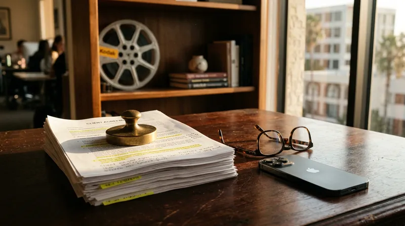 A high-detail still life of a classic mid-century typewriter and a modern smartphone resting on a heavy oak desk, with golden light reflecting off a glass of water and scattered legal documents.