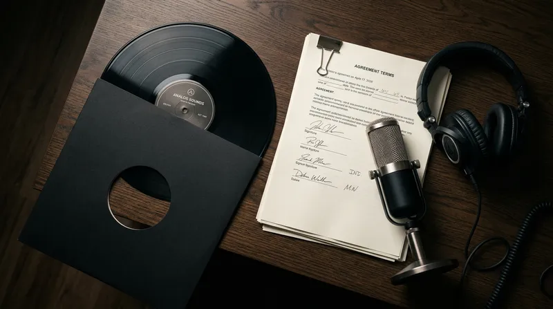 An overhead flat lay of professional music industry objects: a modern vinyl record, a silver high-end microphone, a thick stack of legal contracts, and a minimalist black pair of studio headphones on a dark oak desk.