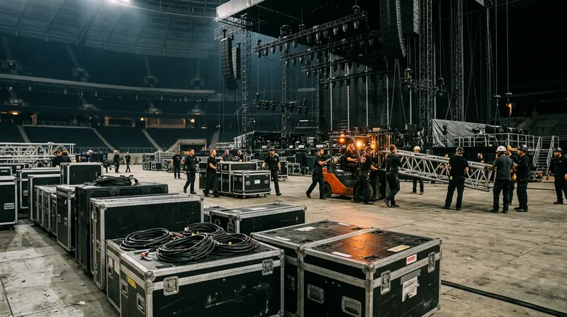A wide, cinematic low-angle shot of a massive concert stage being disassembled by a specialized crew under work lights, with industrial flight cases and rigging cables in the foreground.