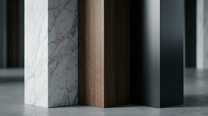 A minimalist architectural study of three different physical textures: polished white marble, a modern dark walnut wood panel, and a matte black industrial metal beam, meeting at clean geometric angles.