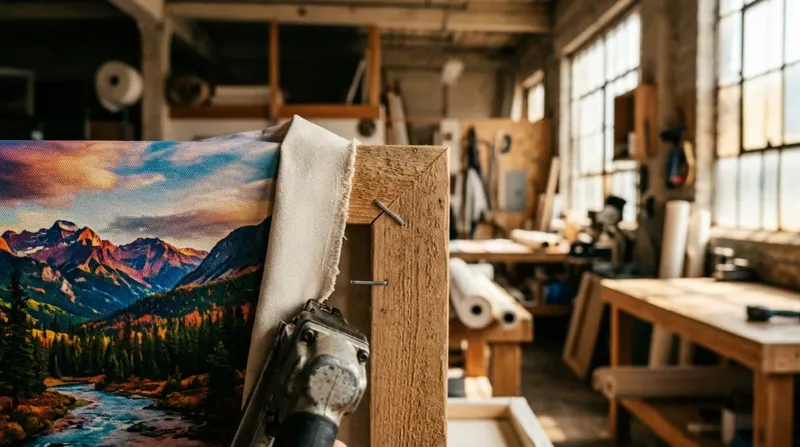 A close-up, high-angle shot of a high-quality canvas print being stretched over a wooden frame in a sunlit industrial workshop.