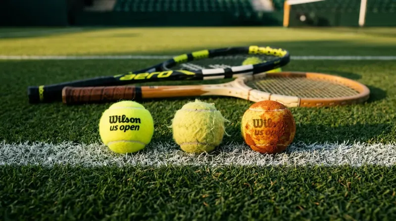 A cinematic close-up of three weathered tennis balls resting on a sun-drenched green grass court, with a vintage-style wooden racket and a modern graphite racket partially visible in the blurred background.