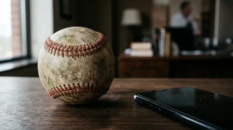 A macro, low-angle shot of a scuffed, dirt-stained professional baseball resting on the edge of a clean, minimalist wooden desk next to a modern smartphone.
