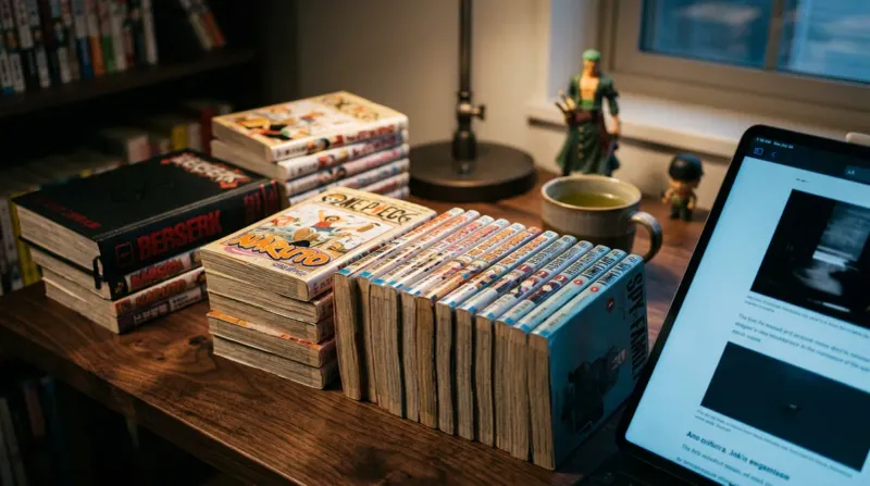 A high-angle, cinematic still life of multiple stacks of manga volumes on a wooden desk, illuminated by the glow of a nearby computer screen.
