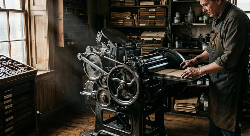 a vintage printing press in a dimly lit, historic print shop, with light catching dust motes and highlighting mechanical deta